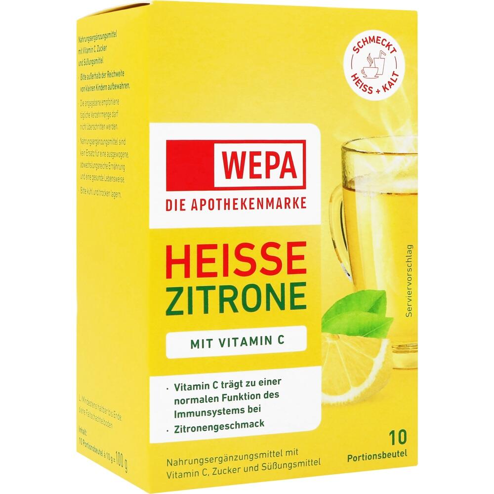 Gelbe Packung mit "Hei&szlig;e Zitrone" und Vitamin C, zeigt Tasse mit Zitronengetr&auml;nk.