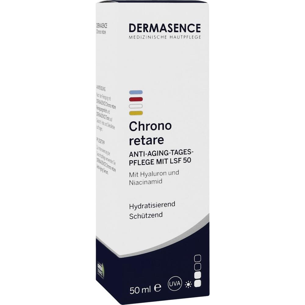 Weiße Verpackung einer Anti-Aging-Tagespflege mit LSF 50 von Dermasence.