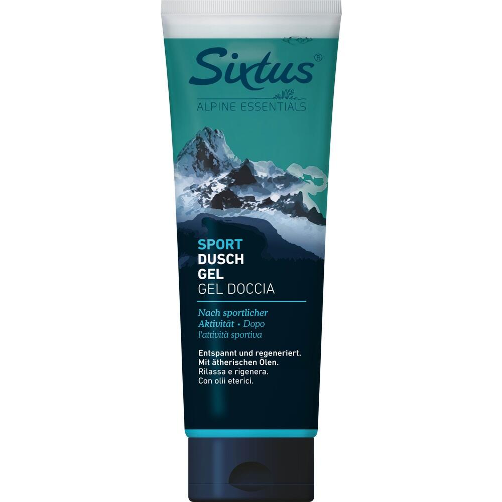 Eine Tube Sport-Duschgel mit Bergmotiv auf der Verpackung.