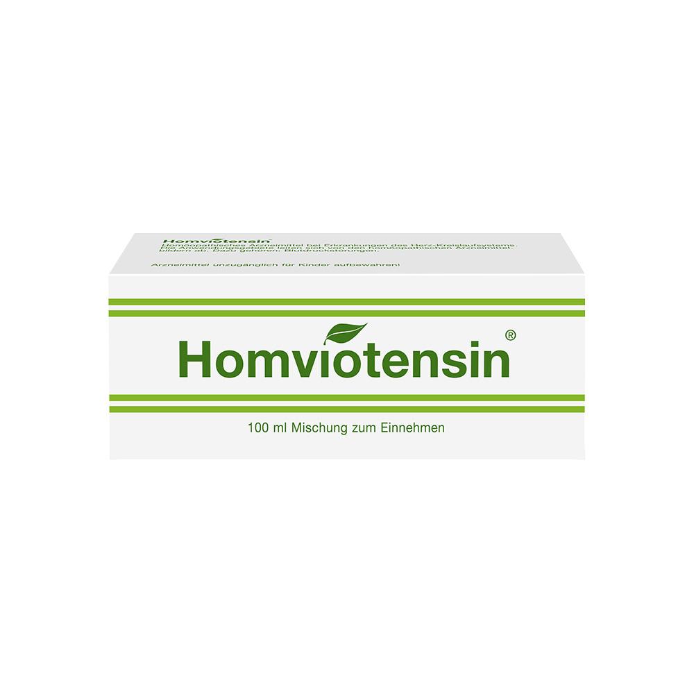 Wei&szlig;e Verpackung mit gr&uuml;nem Text "Homviotensin" und gr&uuml;nem Blattmotiv.