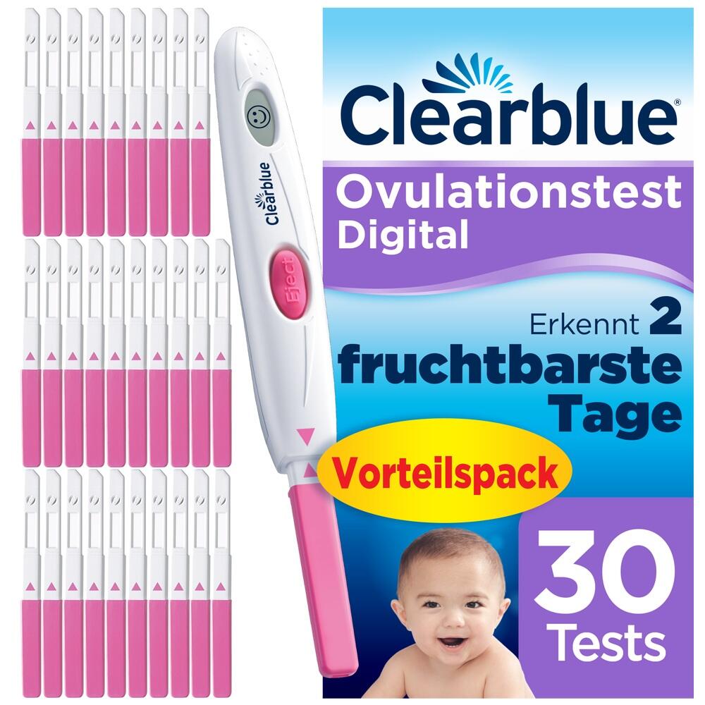 Eine Packung mit 30 digitalen Ovulationstests von Clearblue und einem lächelnden Baby.