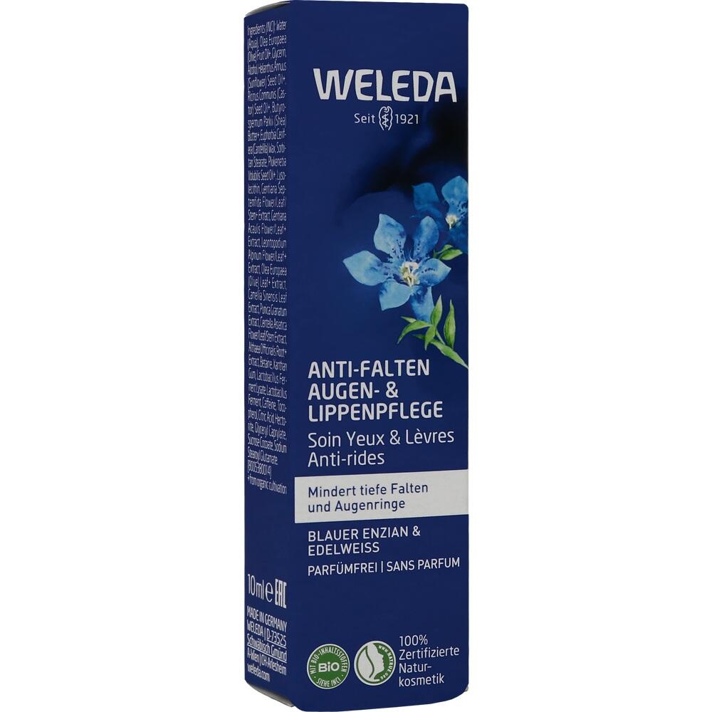 Blaue Verpackung einer Anti-Falten-Creme für Augen und Lippen von Weleda.