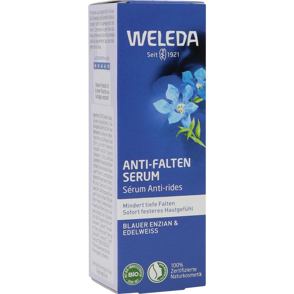 Blaue Verpackung eines Weleda Anti-Falten Serums mit Blumenmotiv.