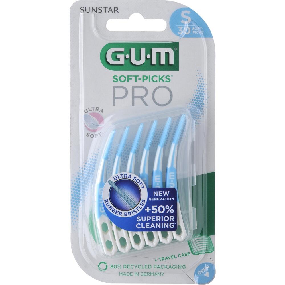 Verpackung mit GUM Soft-Picks f&uuml;r die Zahnreinigung in verschiedenen Gr&ouml;&szlig;en.