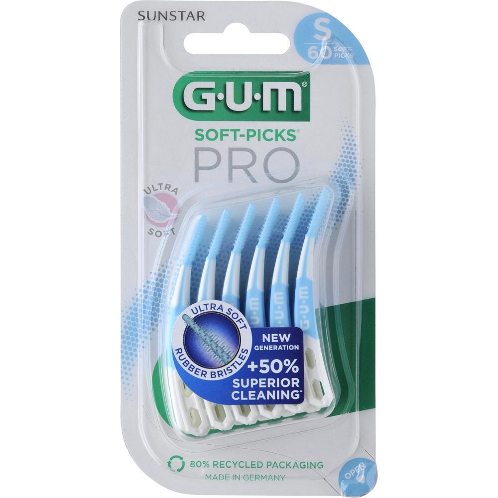 Eine Packung mit blauen GUM Soft-Picks Pro Zahnpflege-Sticks.