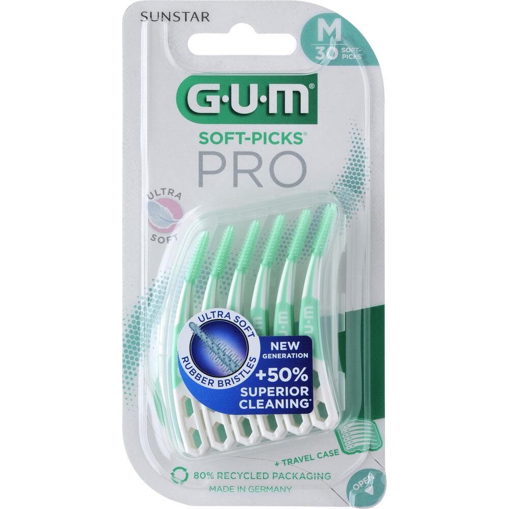 Eine Packung mit gr&uuml;nen und wei&szlig;en Zahnreinigern namens "GUM Soft-Picks PRO".