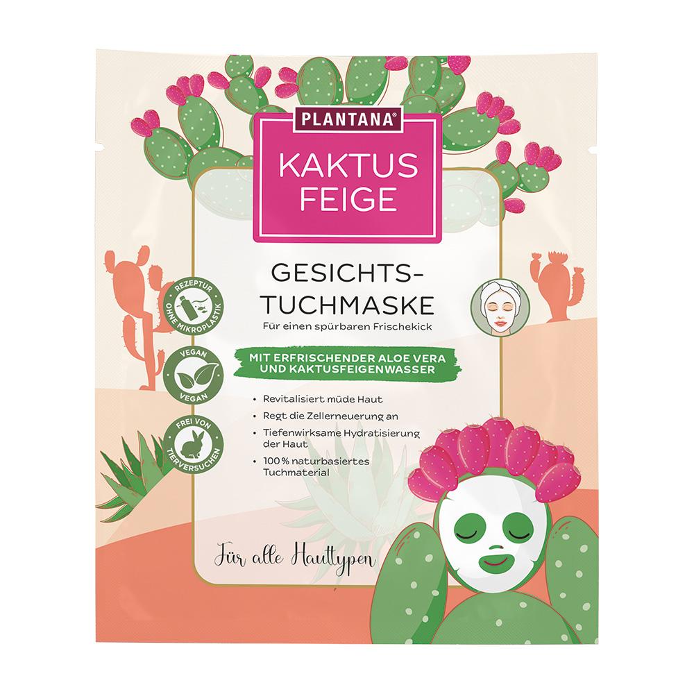 Verpackung einer Gesichtsmaske mit Kaktusmotiv und Infos zur Anwendung und Inhaltsstoffen.