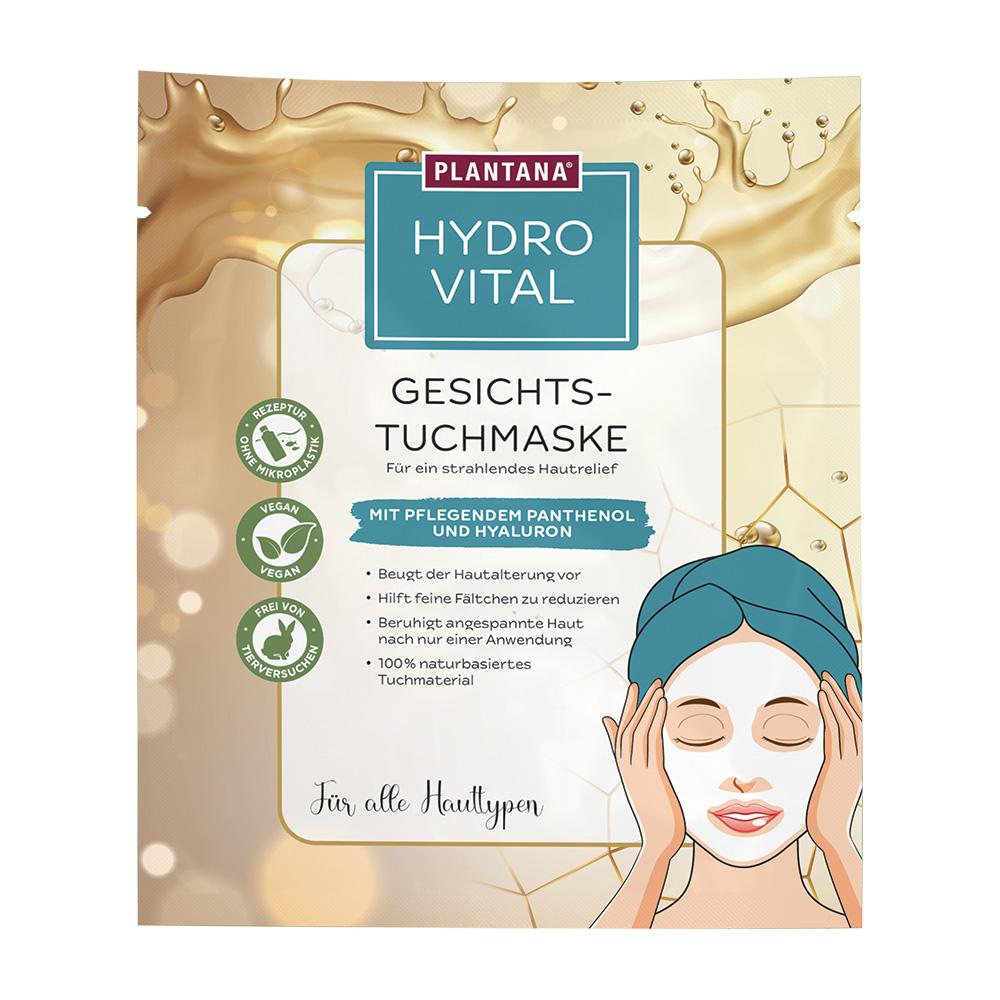 Verpackung einer Gesichtstuchmaske mit Panthenol und Hyaluron.
