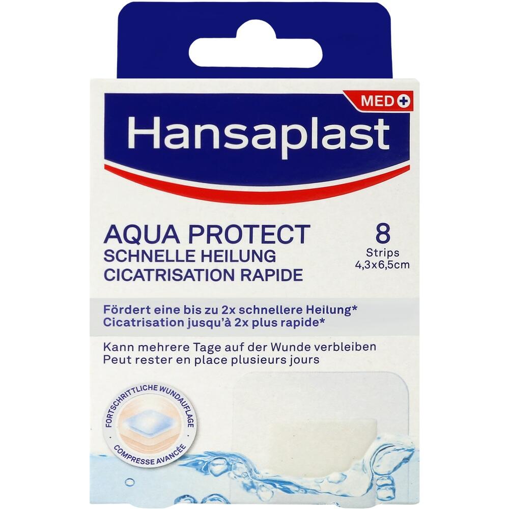 Verpackung von Hansaplast Aqua Protect Pflastern für schnelle Wundheilung.
