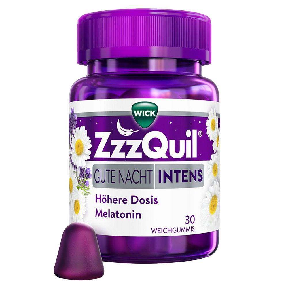 Lila Dose mit ZzzQuil Melatonin Weichgummis, hilft beim Einschlafen.