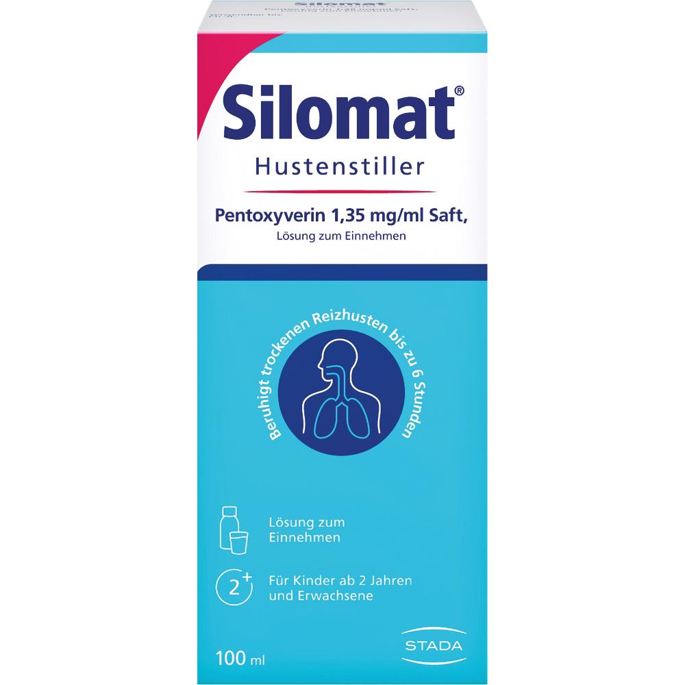 Eine Packung Silomat Hustenstiller für trockenen Husten bei Kindern ab 2 Jahren und Erwachsenen.