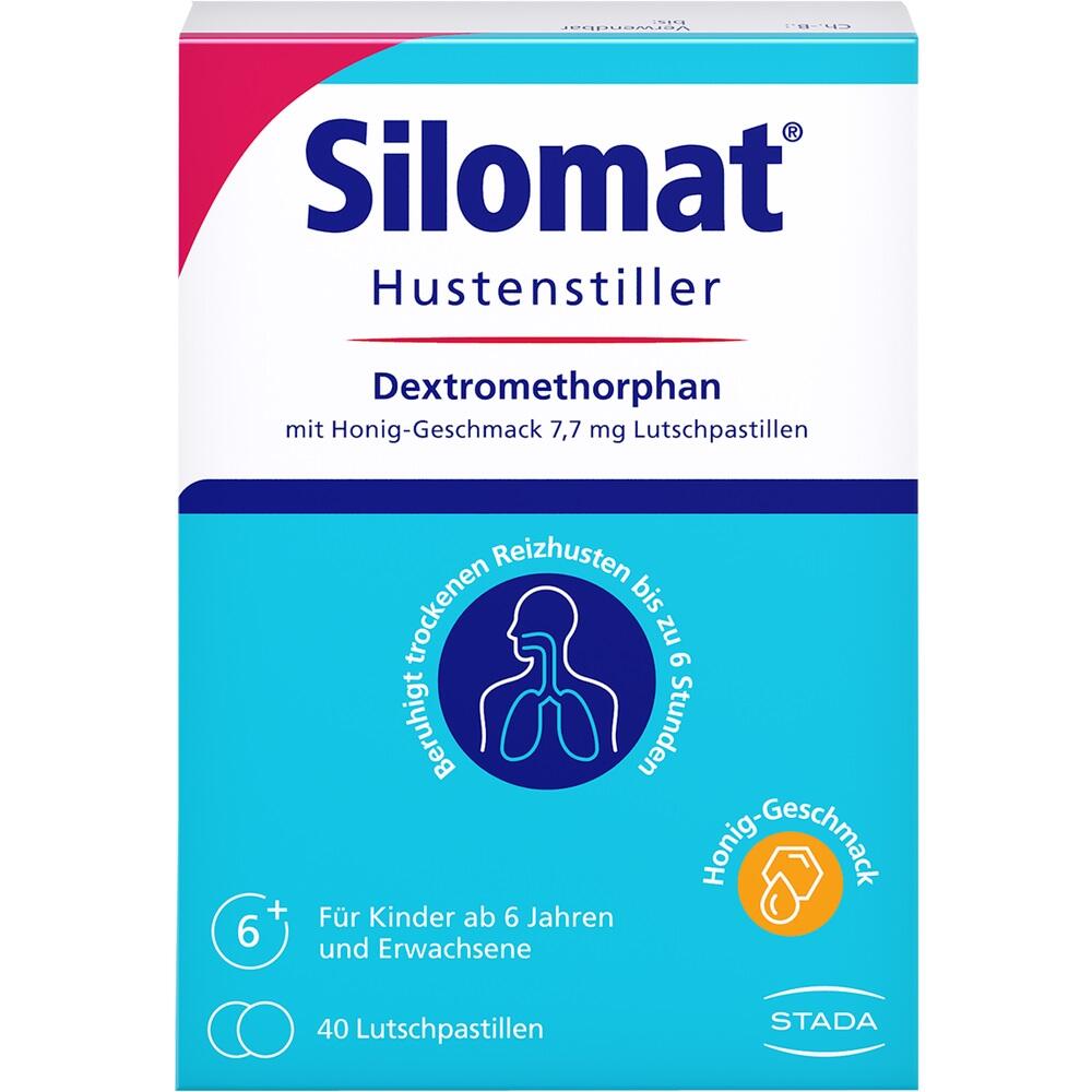 Packung von "Silomat" Hustenstillern mit Honig-Geschmack für trockenen Reizhusten.