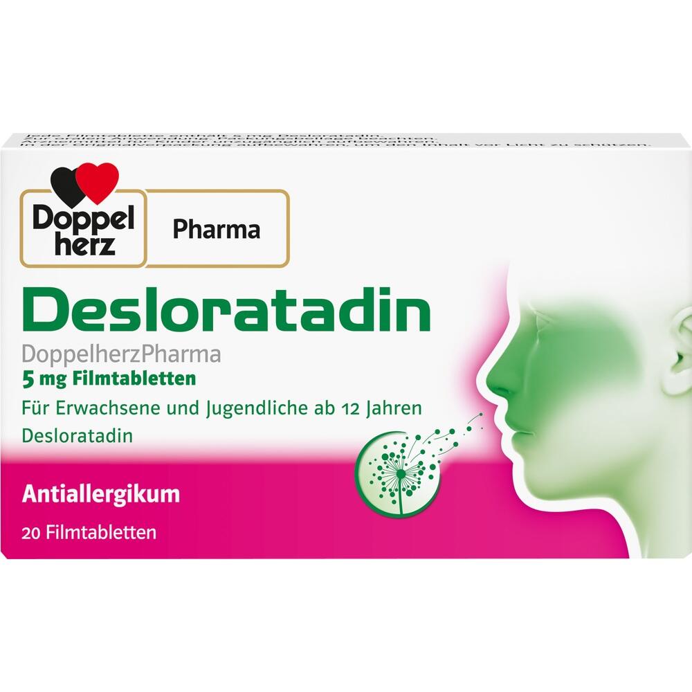 Eine Schachtel Desloratadin-Tabletten gegen Allergien mit einem grünen Gesicht an der Seite.