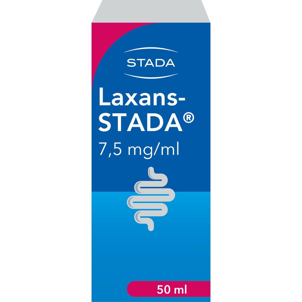 Blau-weiße Verpackung mit Aufschrift "Laxans-STADA, 7,5 mg/ml, 50 ml".