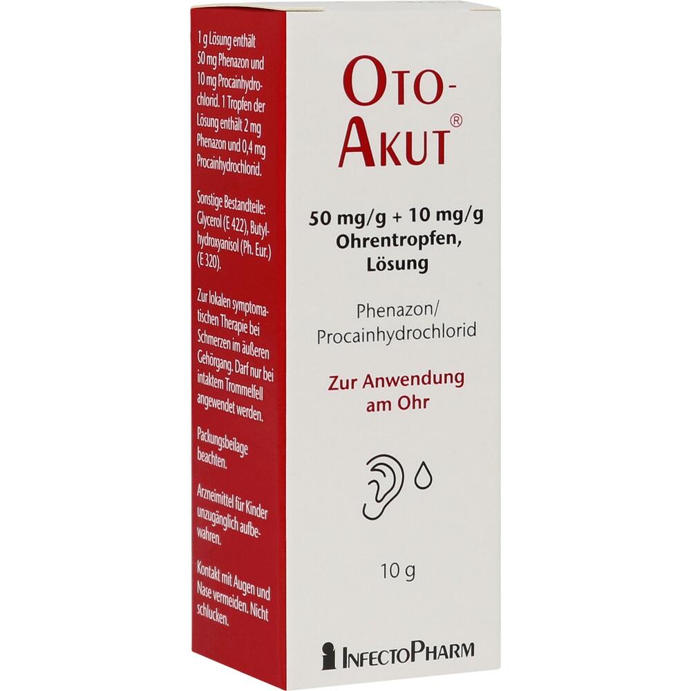 Eine Packung Ohrentropfen mit dem Namen "Oto-Akut" f&uuml;r die Anwendung bei Ohrenschmerzen.