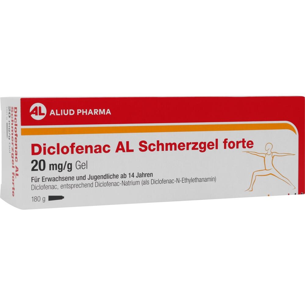 Rote und wei&szlig;e Verpackung von Diclofenac AL Schmerzgel forte, 20 mg/g, 180 g.
