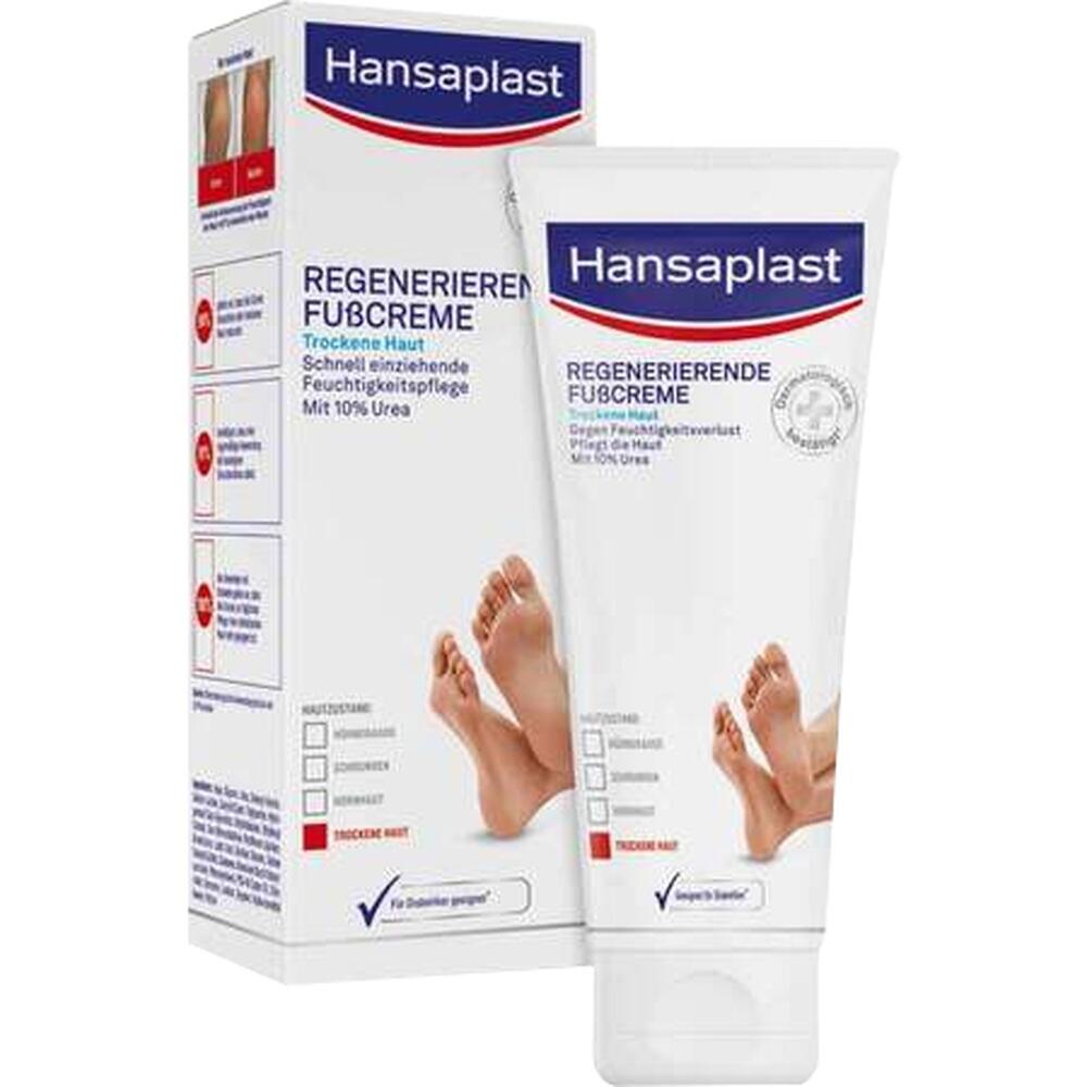 Eine Tube Fußcreme von Hansaplast steht vor der passenden Verpackung.