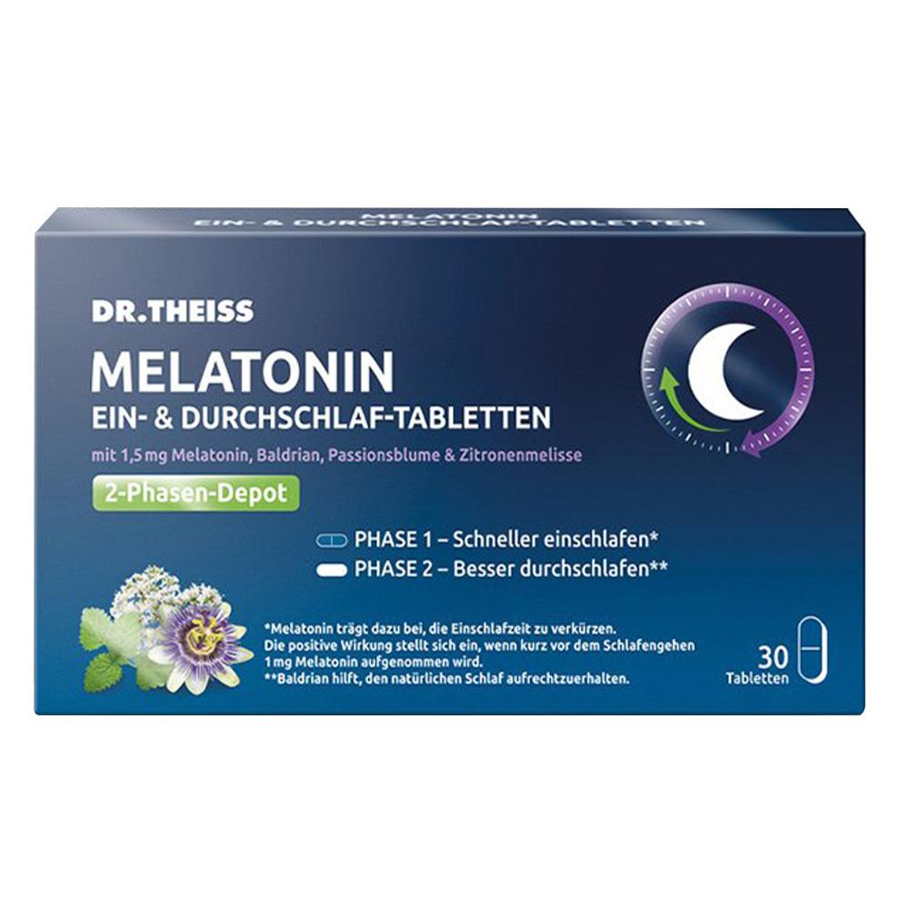 Packung Dr. Theiss Melatonin-Schlaftabletten f&uuml;r schnelles Einschlafen und besseres Durchschlafen.