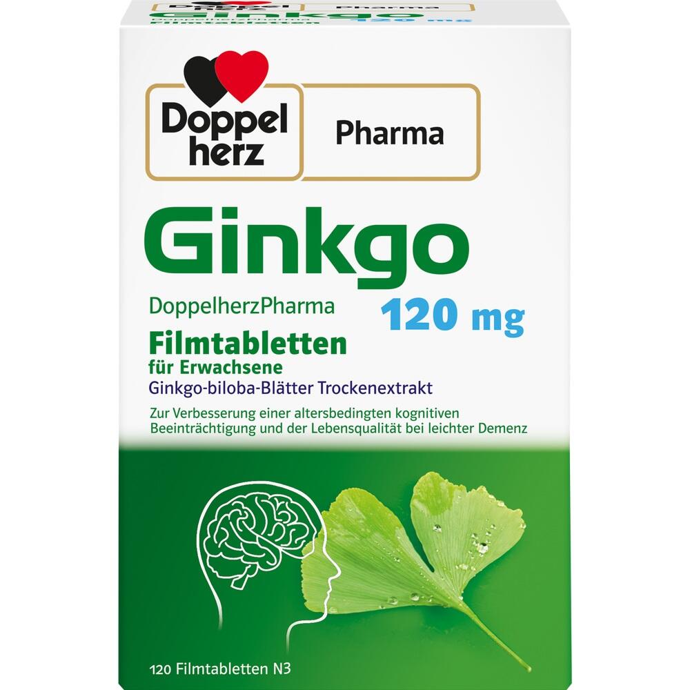 Verpackung von Ginkgo-Tabletten mit 120 mg für Erwachsene von Doppelherz Pharma.