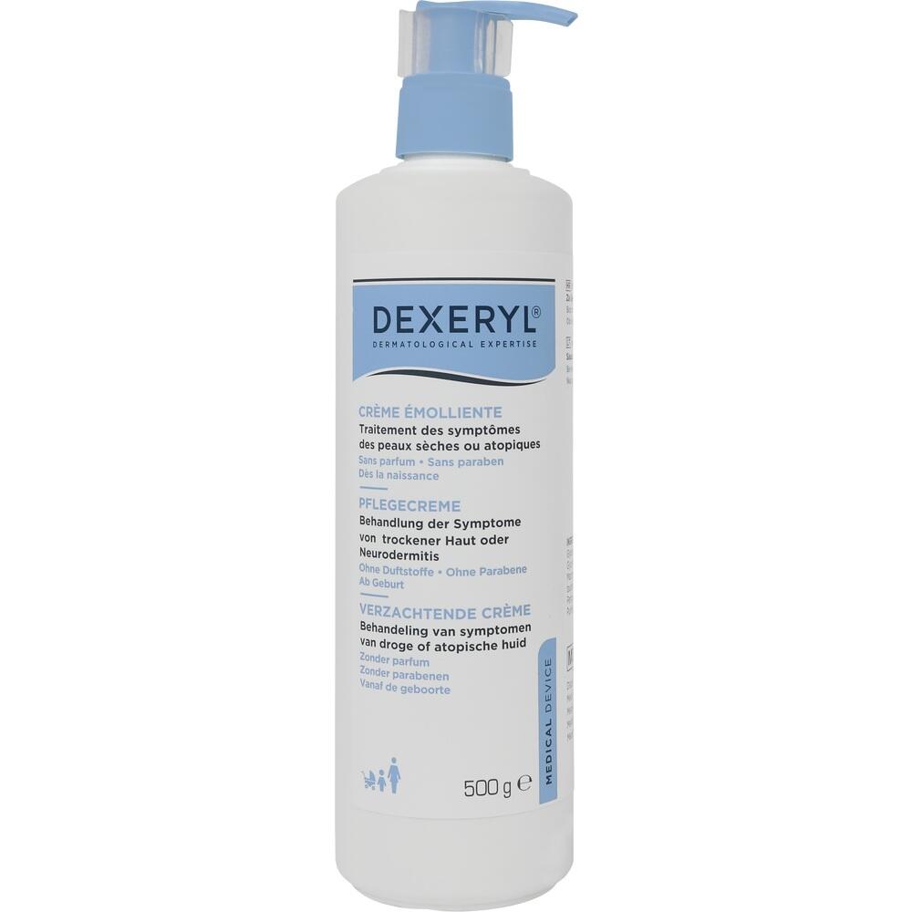 Eine Flasche Dexeryl Pflegecreme mit blauem Pumpverschluss.