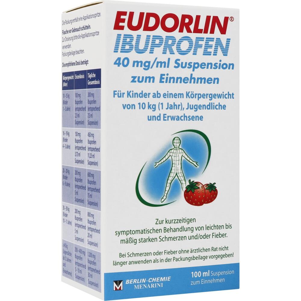 Wei&szlig;e Medikamentenschachtel mit der Aufschrift "Eudorlin Ibuprofen" und Erdbeere abgebildet.