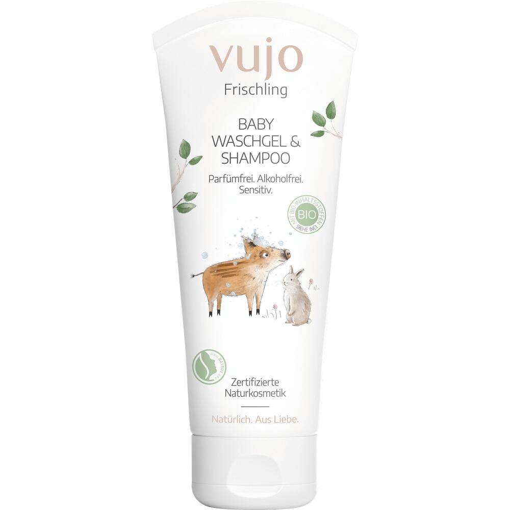 Weiße Tube mit Baby-Waschgel und Shampoo, darauf ein Wildschwein und Hase abgebildet.