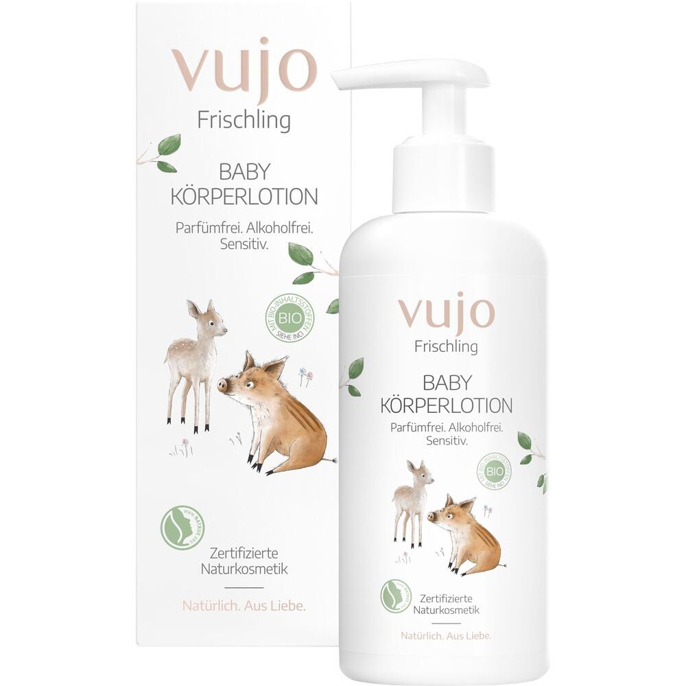 Weiße Flasche mit dem Aufdruck "vujo Baby Körperlotion" und Tierillustrationen.