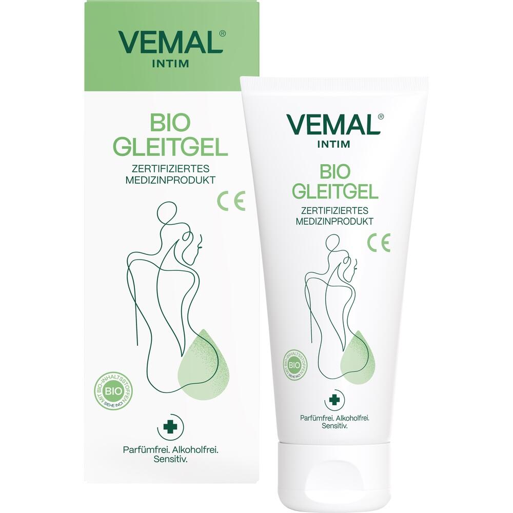 Eine Tube und Packung Bio-Gleitgel von Vemal Intim.
