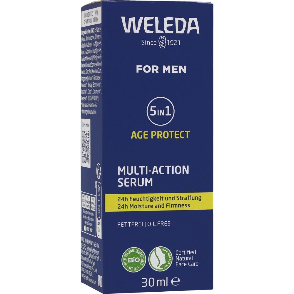 Blaue Verpackung eines Gesichtsserums für Männer mit Anti-Aging-Effekt.