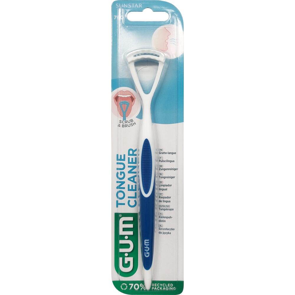 Ein Zungenreiniger in einer blau-wei&szlig;en Verpackung.