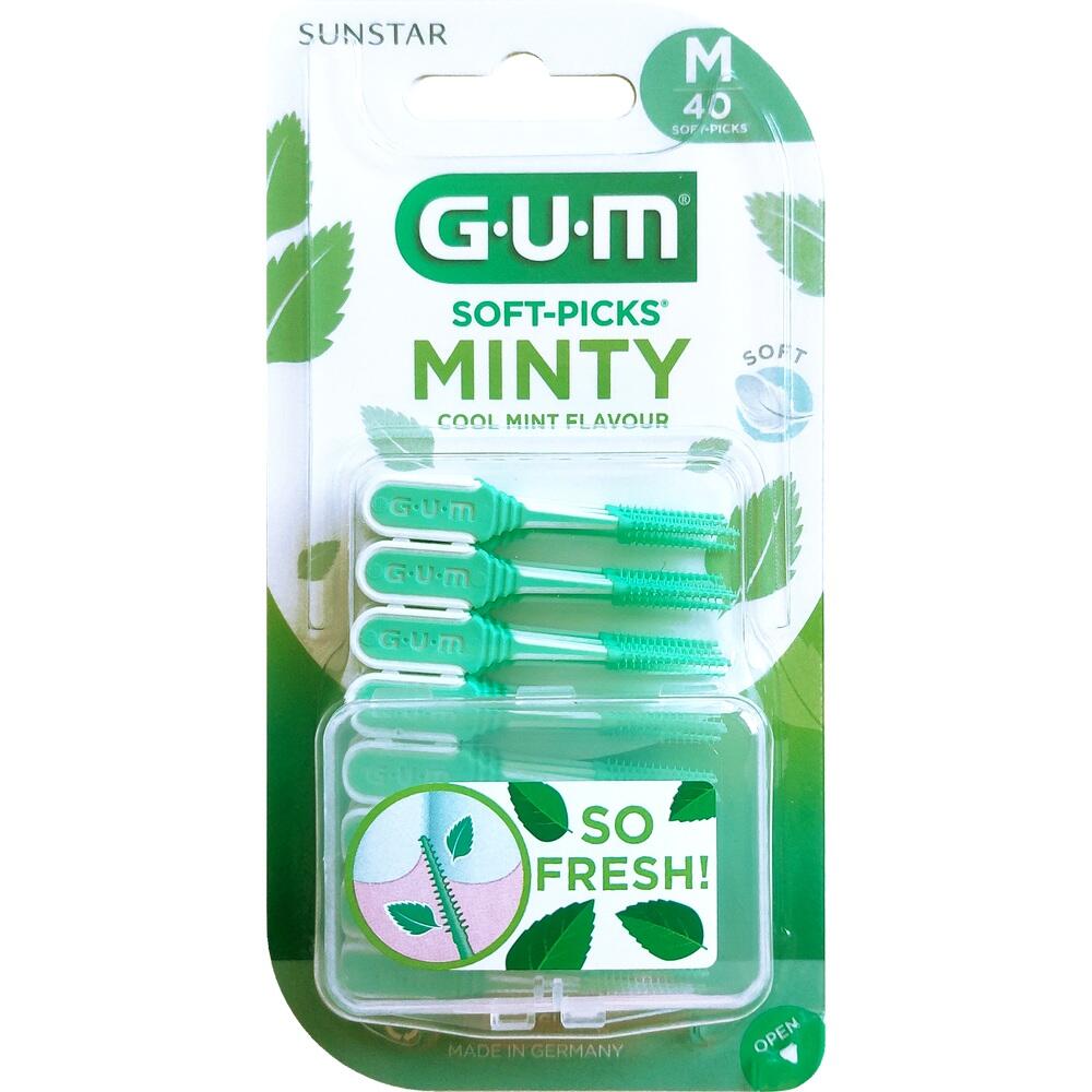 Verpackung mit 40 gr&uuml;nen, minzfrischen Zahnreinigern von GUM.