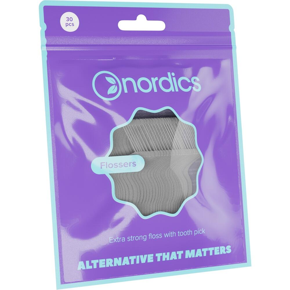 Lila Verpackung mit Zahnseide-Sticks der Marke "Nordics".