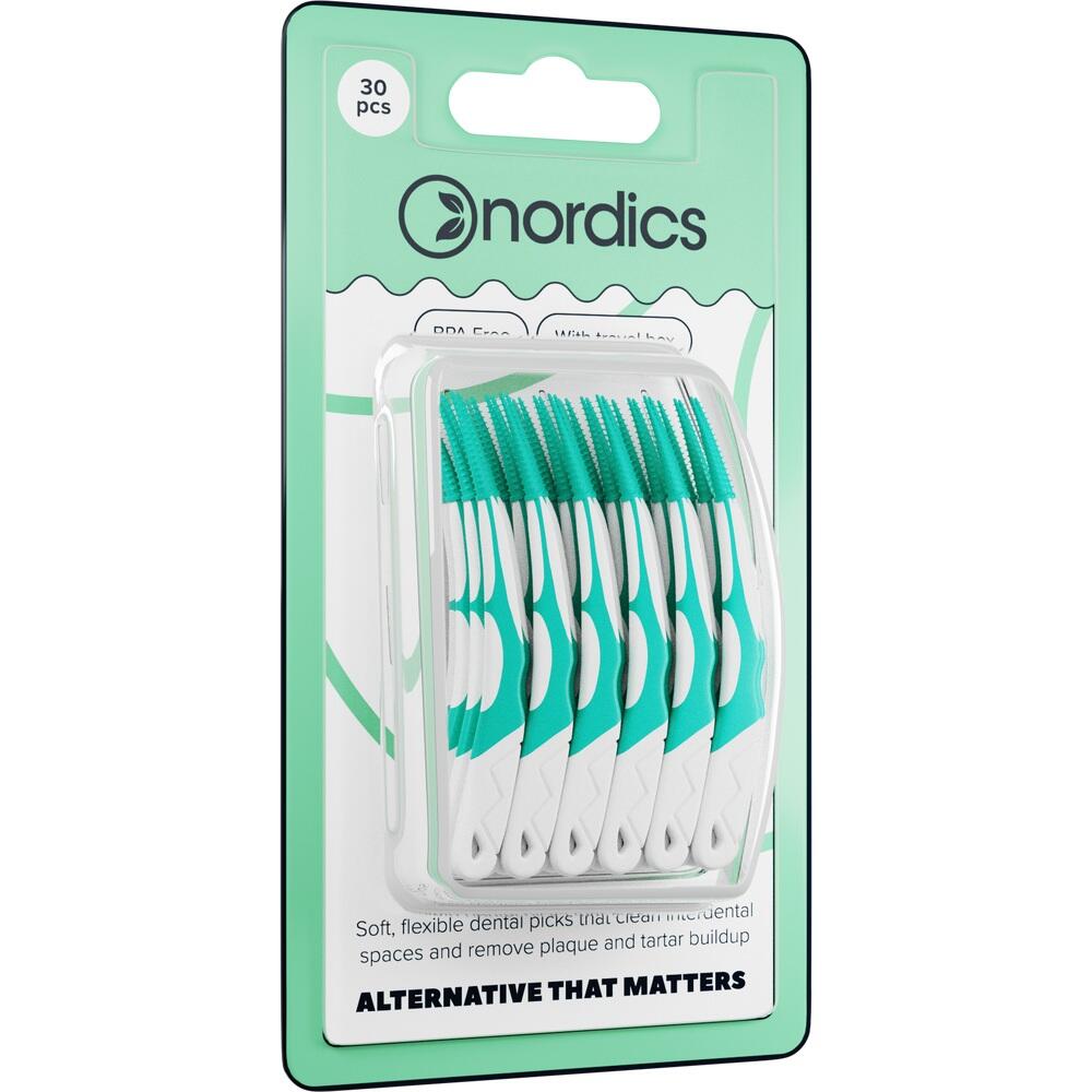 Verpackung mit 30 gr&uuml;nen und wei&szlig;en Zahnpflege-Sticks.