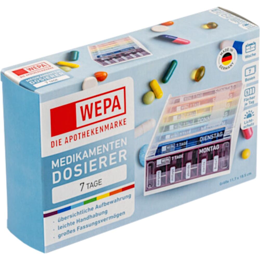 Blauer Medikamentendosierer f&uuml;r 7 Tage mit farbigen Tabletten auf der Verpackung.