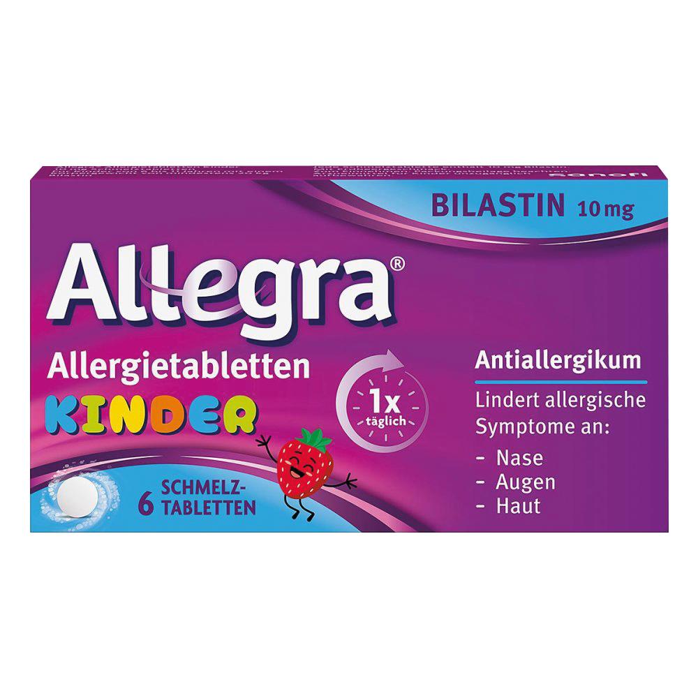 Lila Schachtel von Allegra Allergietabletten f&uuml;r Kinder gegen allergische Symptome.