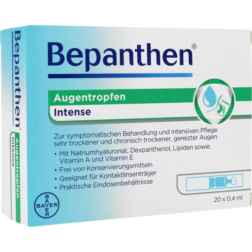 Bepanthen Augentropfen Intense für trockene, gereizte Augen in einer Verpackung.