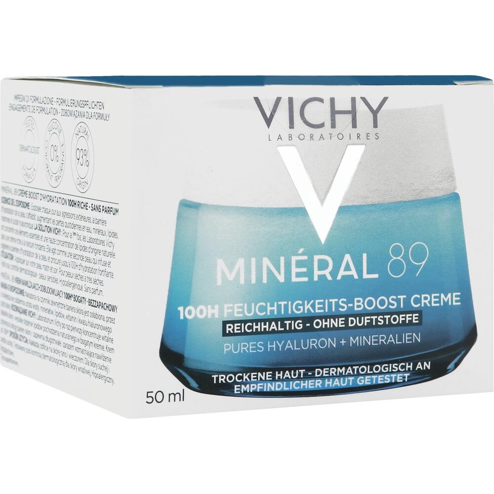 Eine Verpackung von Vichy Min&eacute;ral 89 Feuchtigkeitscreme f&uuml;r trockene Haut.