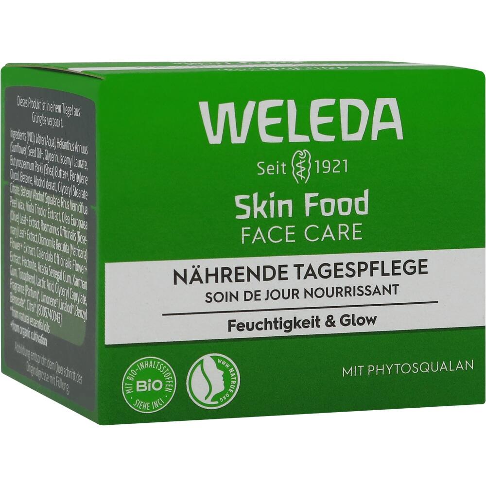 Grüne Verpackung der Weleda Skin Food Gesichtspflege mit Nährende Tagespflege-Aufschrift.