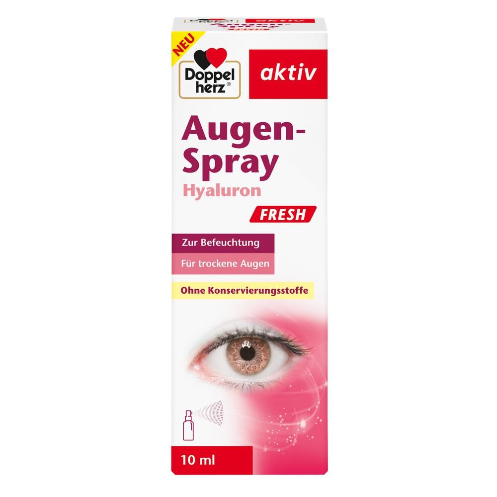 Eine Packung von Doppelherz Augenspray für trockene Augen mit Hyaluron.