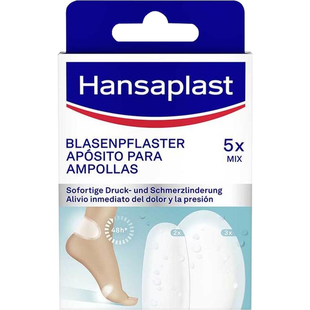 Verpackung von Hansaplast Blasenpflastern für schnelle Schmerzlinderung.