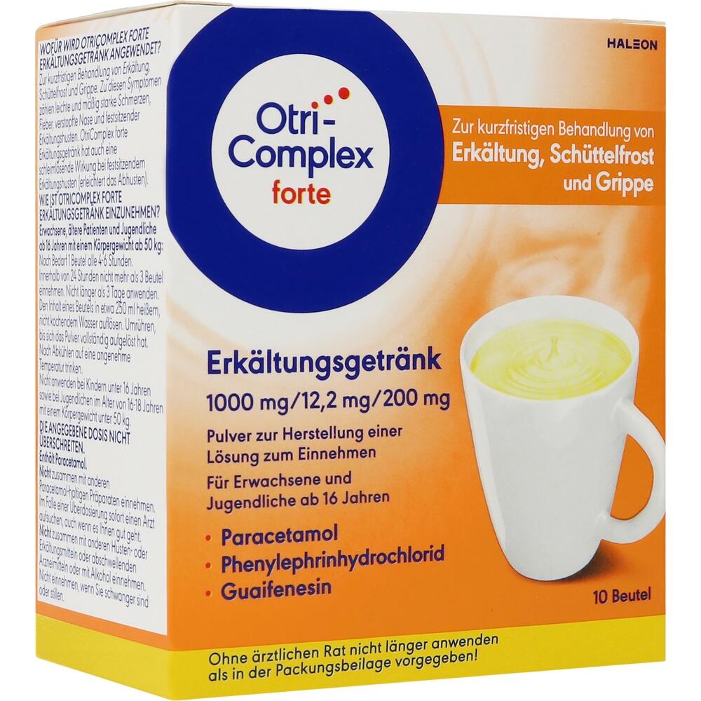 Eine Packung Erkältungsgetränk mit einer Tasse heißem Getränk.