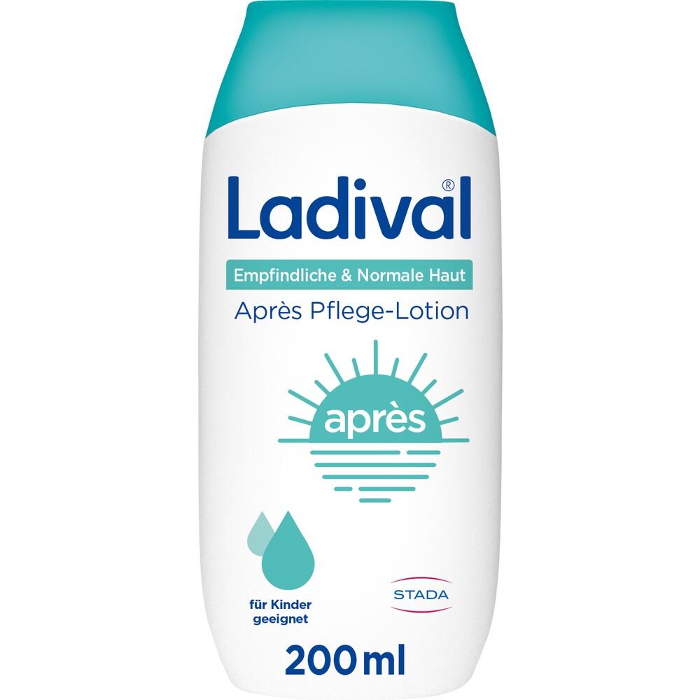 Wei&szlig;e Flasche mit t&uuml;rkisfarbenem Deckel, Ladival Apr&egrave;s Pflege-Lotion f&uuml;r empfindliche Haut.