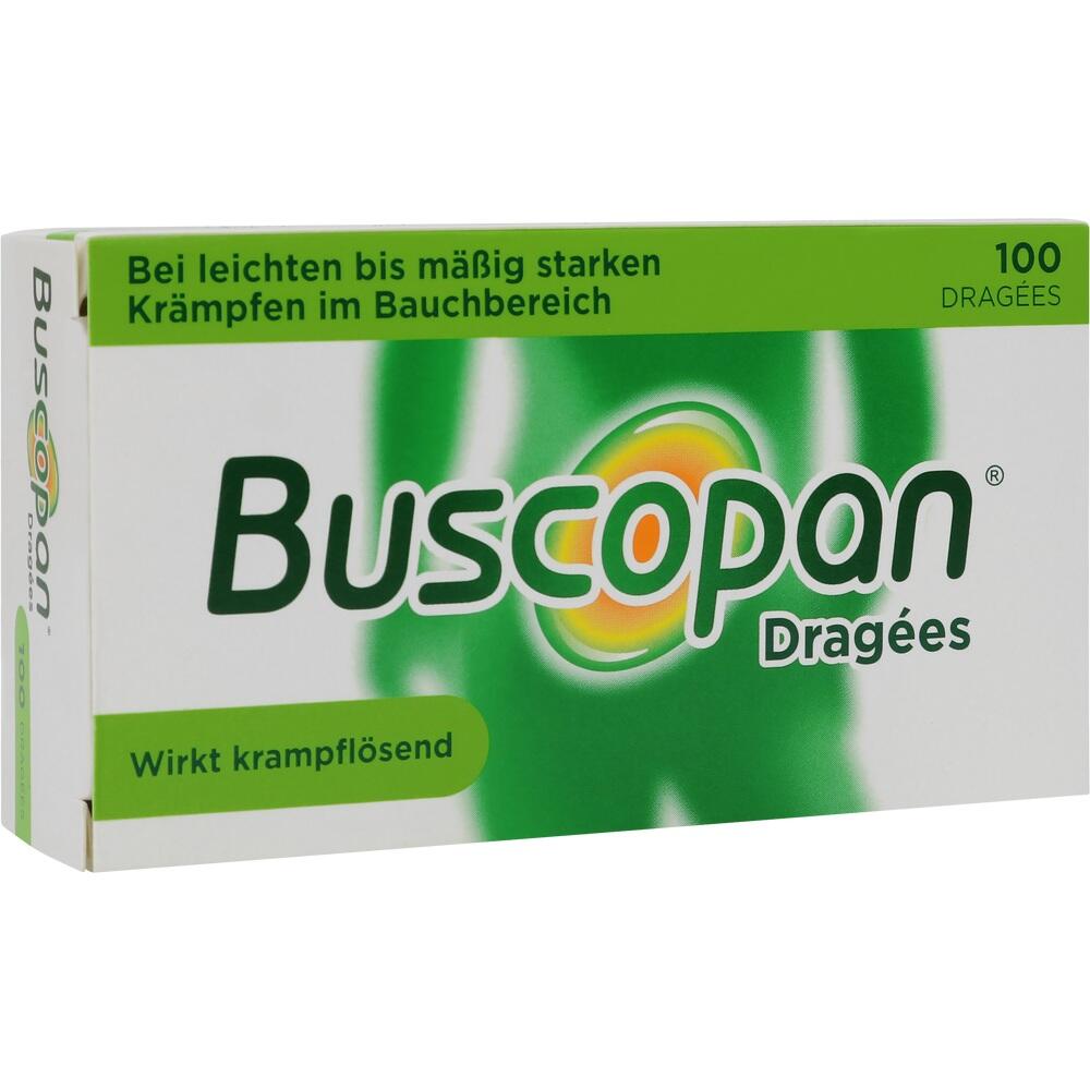 Wei&szlig;e Schachtel Buscopan f&uuml;r Bauchkr&auml;mpfe, wirkt krampfl&ouml;send.