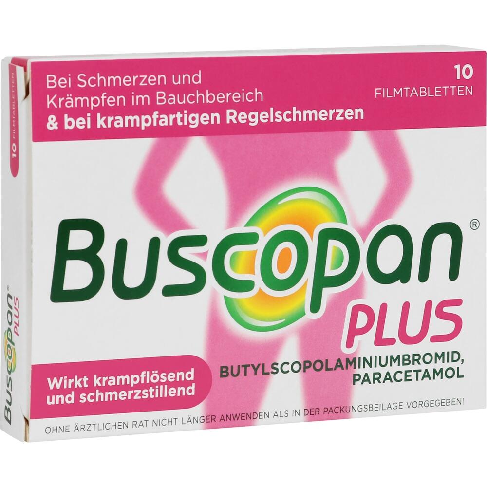 Packung von Buscopan Plus, einem Medikament gegen Bauchschmerzen und Kr&auml;mpfe.