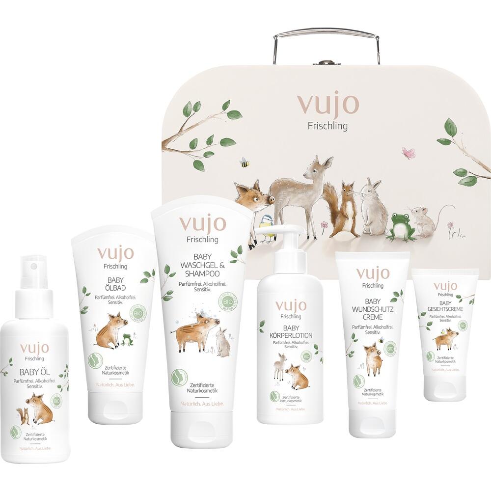 Eine Auswahl an Baby-Pflegeprodukten mit Tiermotiven auf der Verpackung.