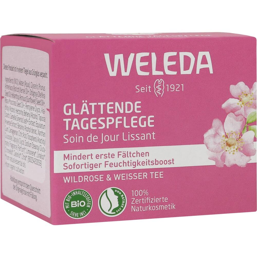 Rosa Verpackung einer Weleda Tagespflege mit Wildrose und weißem Tee.