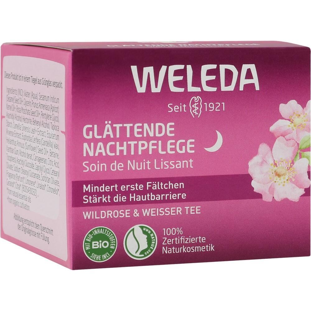 Pinkfarbene Weleda-Nachtpflege-Verpackung mit Wildrose und Weissem Tee.