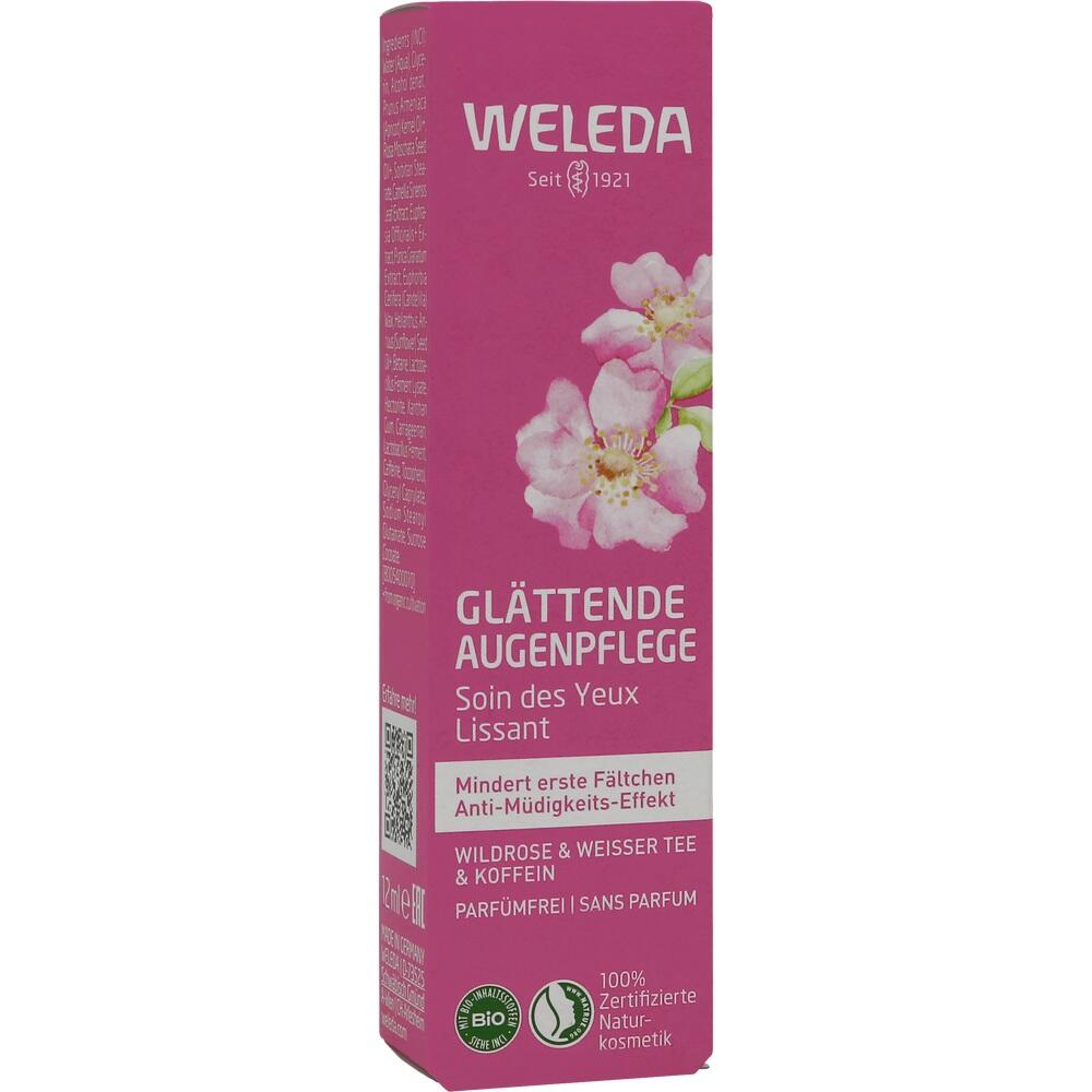 Eine pinke Weleda-Verpackung für glättende Augenpflege mit Blumenbild.