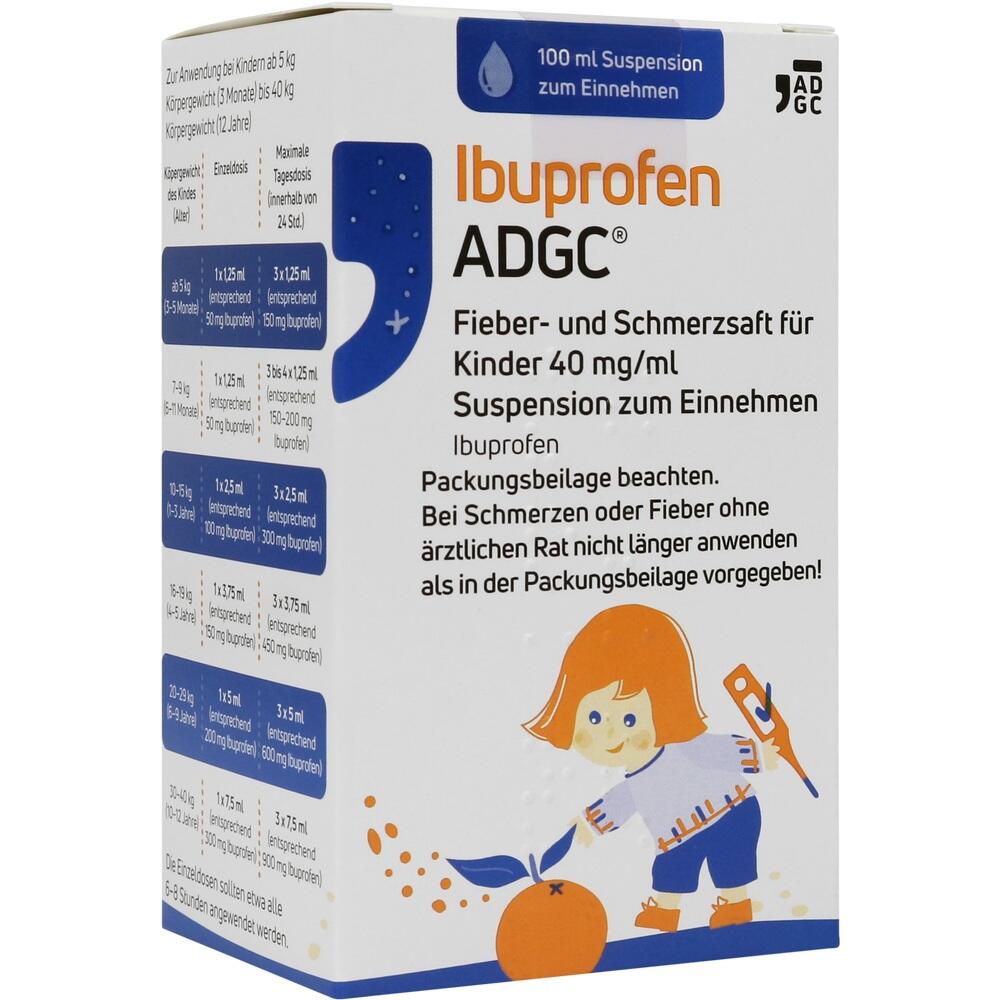 Eine Packung Ibuprofen-Saft f&uuml;r Kinder gegen Schmerzen und Fieber.