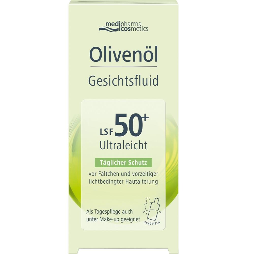 Eine Verpackung von Oliven&ouml;l-Gesichtsfluid mit LSF 50+ f&uuml;r t&auml;glichen Schutz.